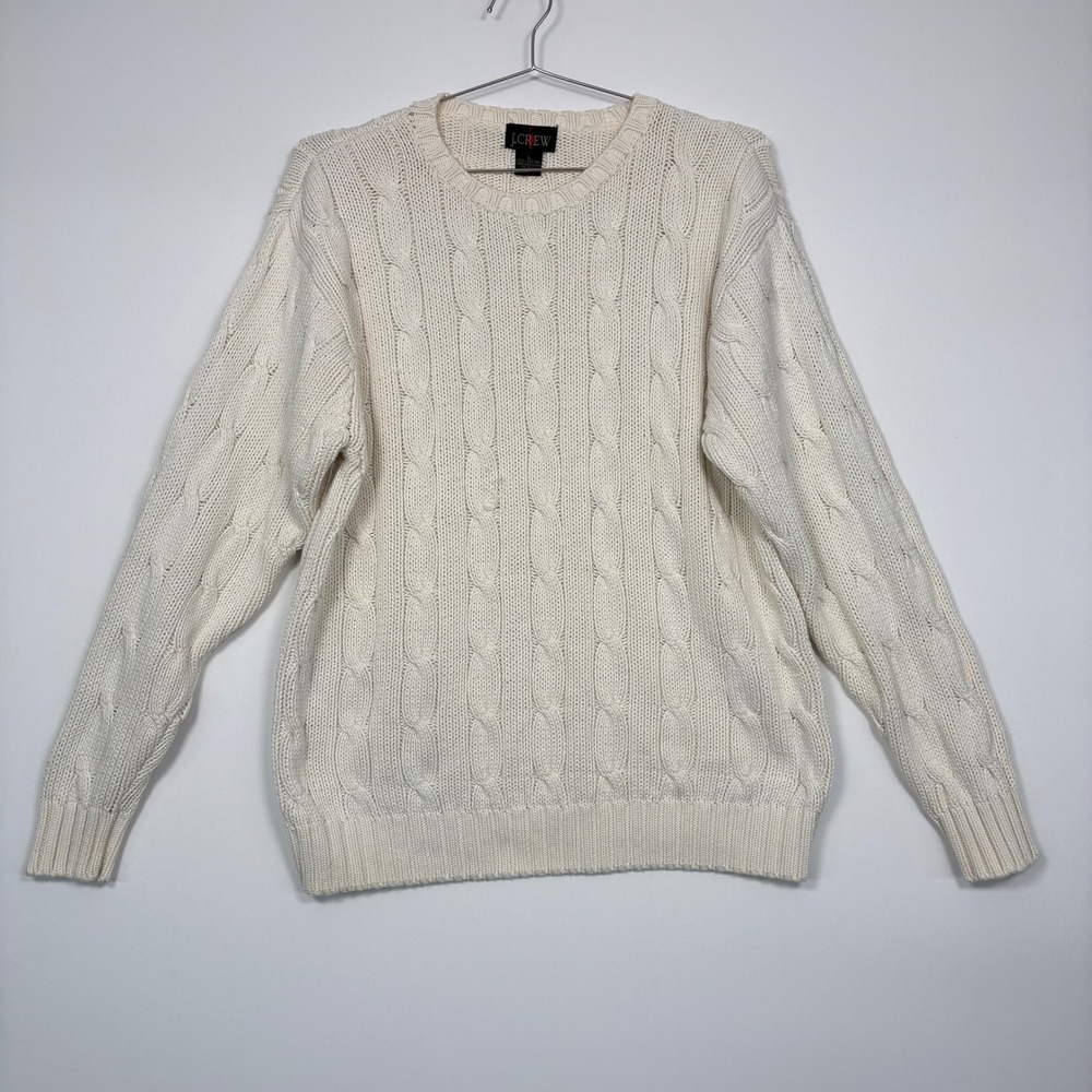 J.Crew Oarsmen Mens Sweater Large Cream Cable Knit Cotton Crew Neck Pullover